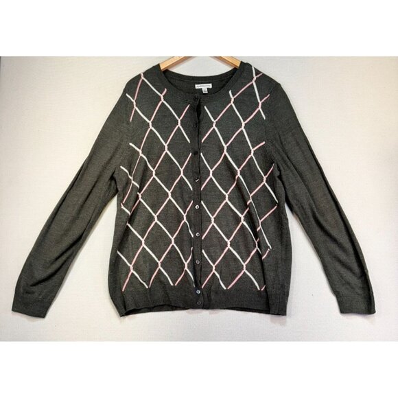 Croft & Barrow Womens Cardigan Sweater XL Gray & Pink Argyle Pattern Button-Up - Picture 1 of 11